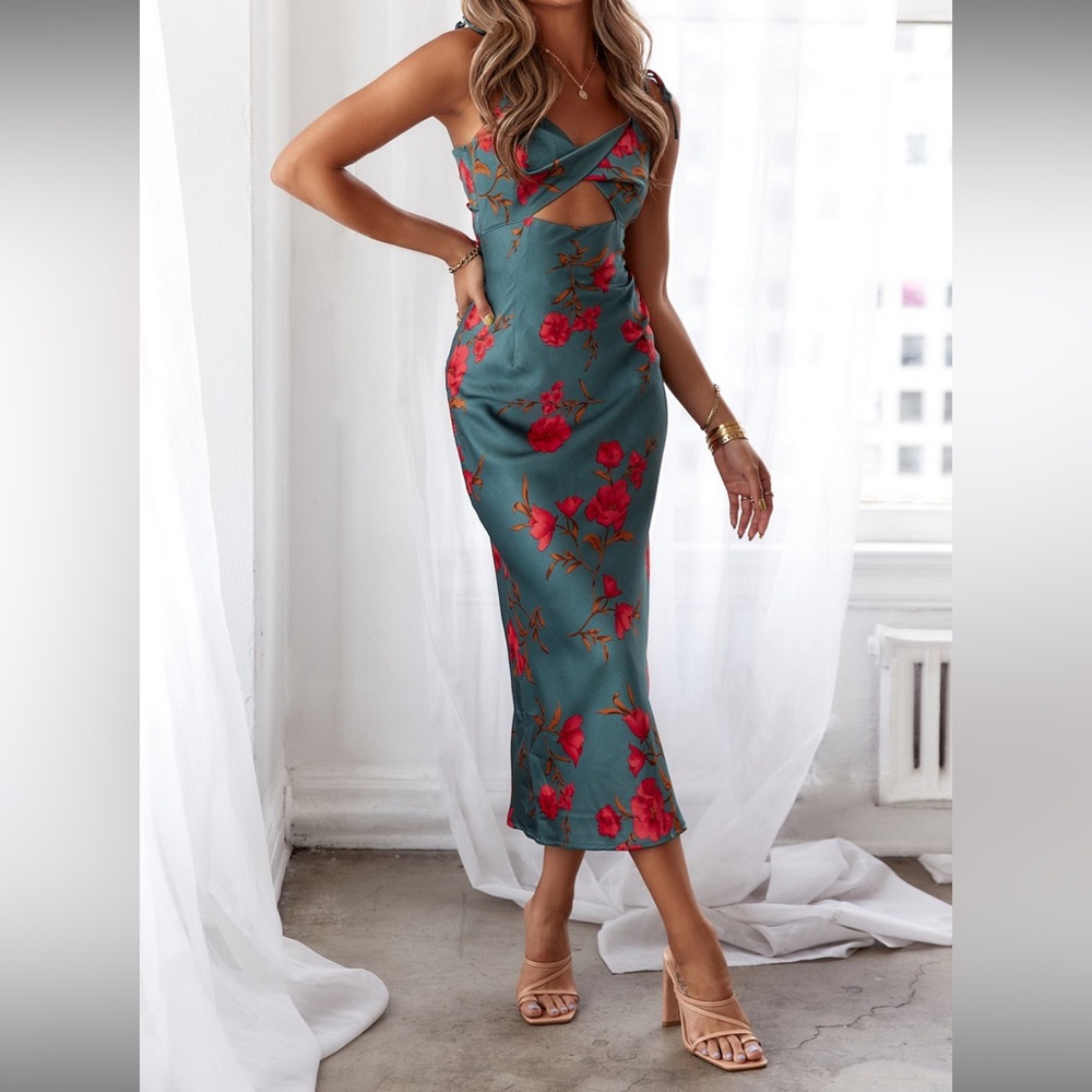 Satin Floral Twist Front Cutout Maxi Dress